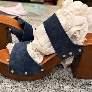 Ilaria S Blue Suede Leather Open-Toe Block Heels